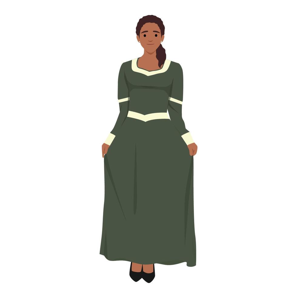 Tudor fashion. Medieval black woman in a green headdress and a dress embroidered with gold. Historical costume vector