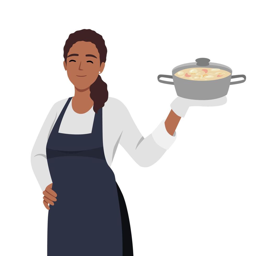 Housewife woman cooking food. Young woman cooking delicious vegetable soup. Holding pan with soup vector