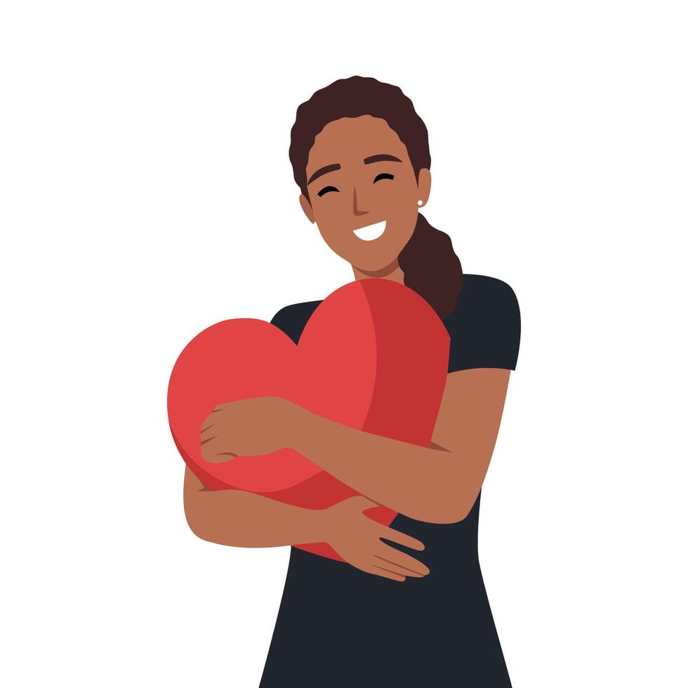 Young woman embraces big red heart with mindfulness and love. Self acceptance and confidence concept. vector