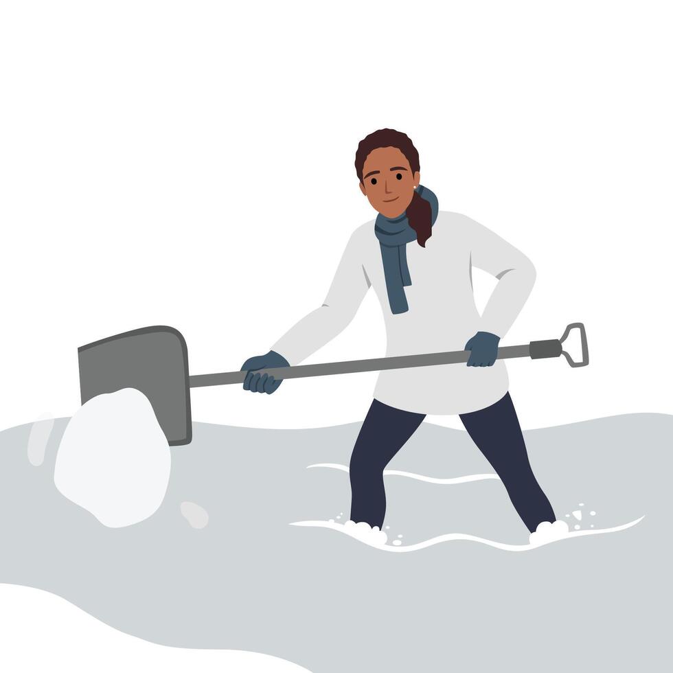 Woman with shovel cleaning and digging out car covered with snow and stuck in it after blizzard. Woman shoveling near auto in snowy storm in winter. vector