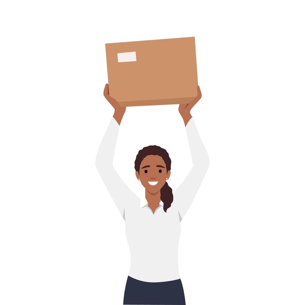 Woman holding package box up by her hands working as a courier, delivery service. Brown package, idea of transportation. vector