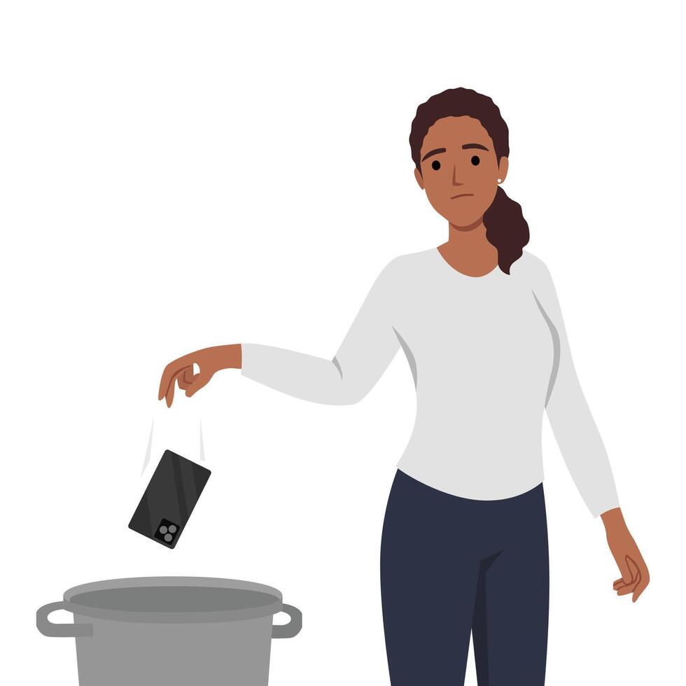 Woman throws mobile phone into the trash. vector