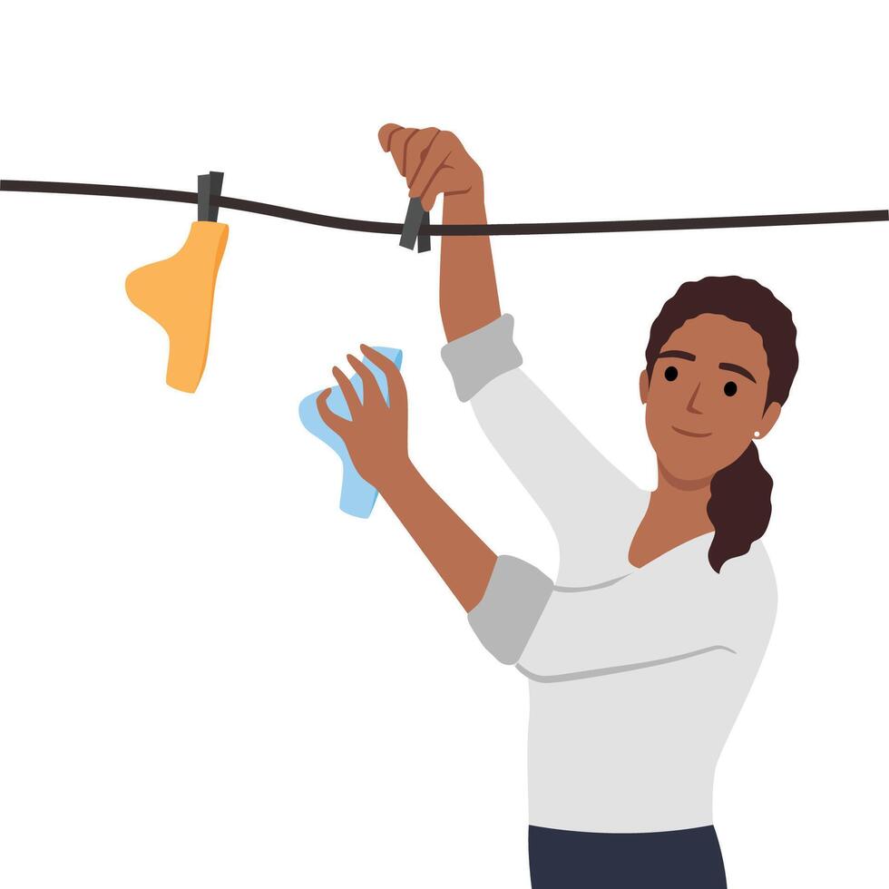 Woman doing laundry outdoor hanging clothes on rope for drying after washing vector