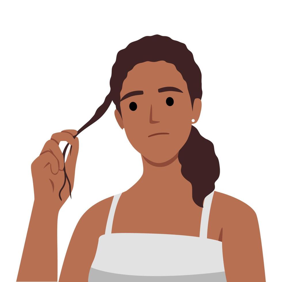 Sad girl with split ends problem. Lack of vitamins, improper hair care. vector