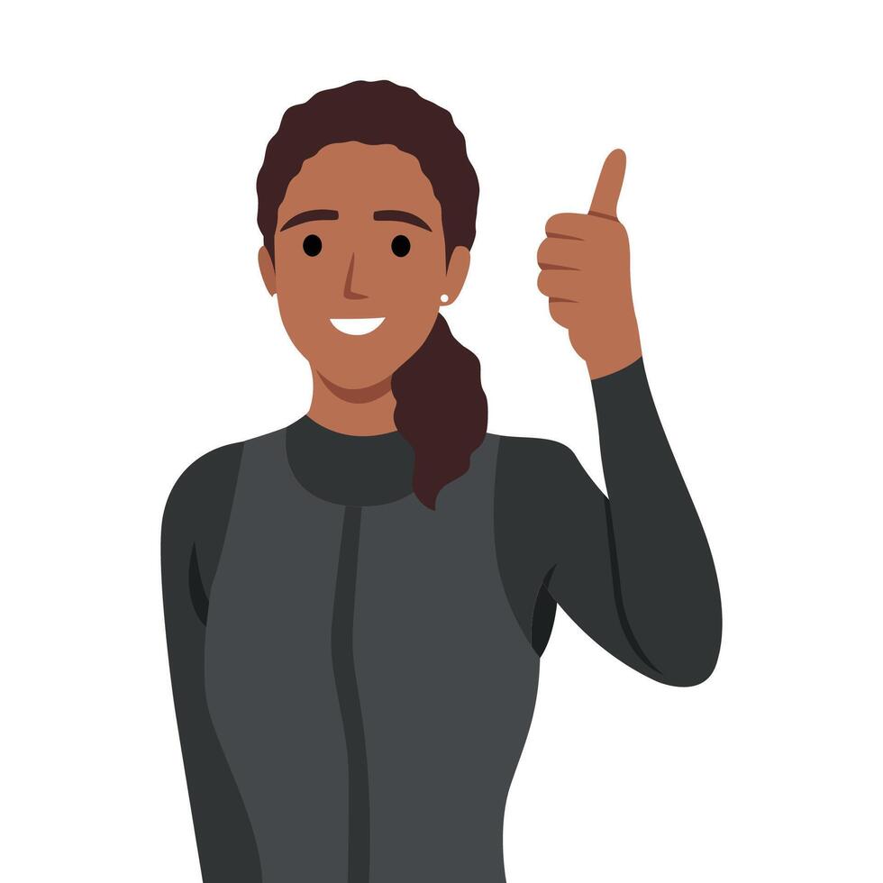 Woman diver wearing diver suit and giving a thumb up. vector