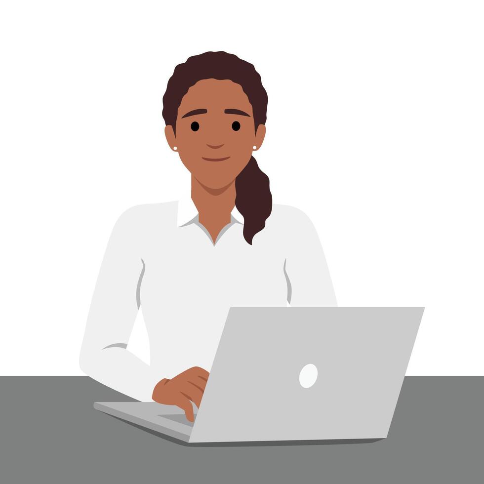joven mujer es sentado a escritorio. oficina empleado a el lugar de trabajo. trabajo a el ordenador portátil vector