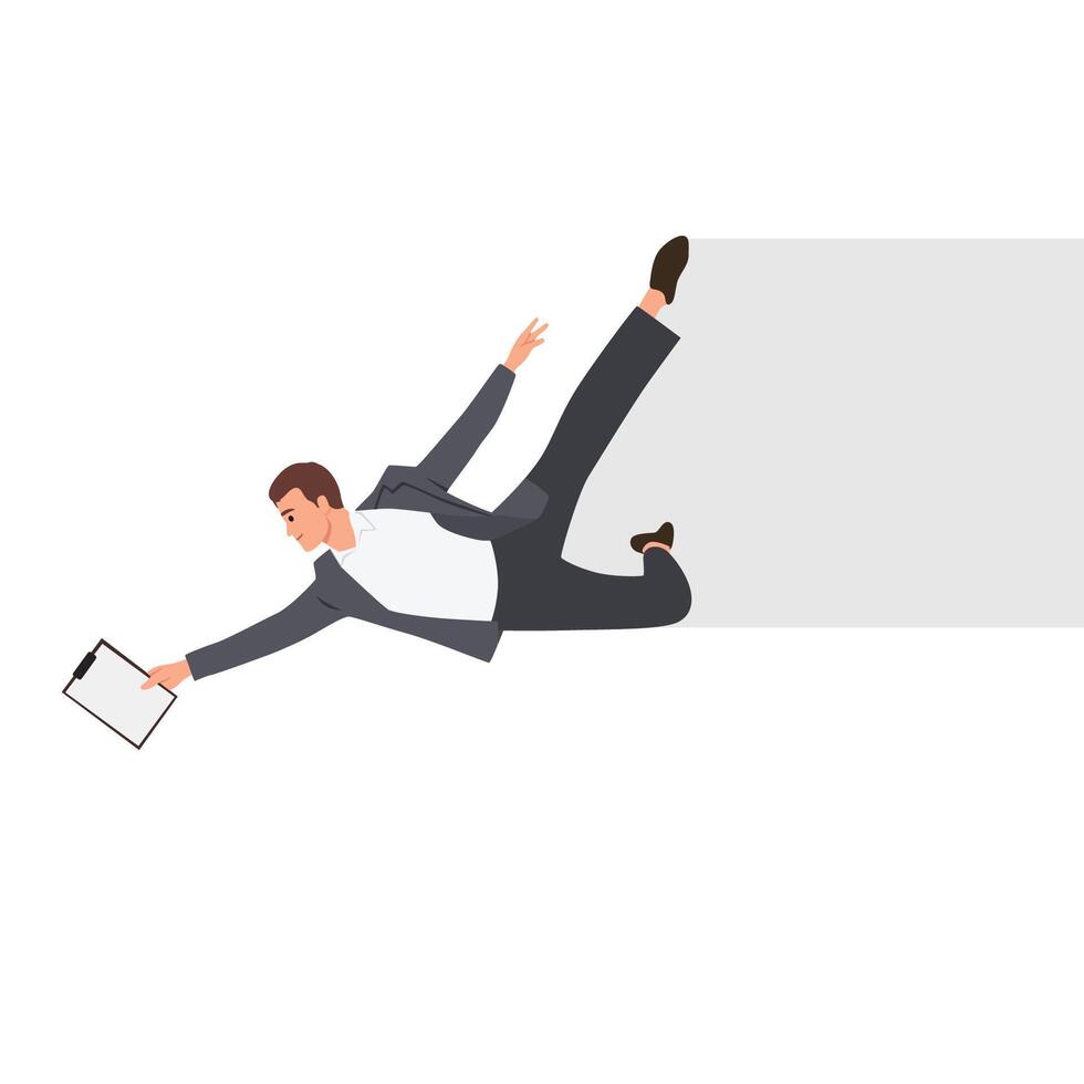 Young businessman jumping over clipboard. Successful completion of business task. vector