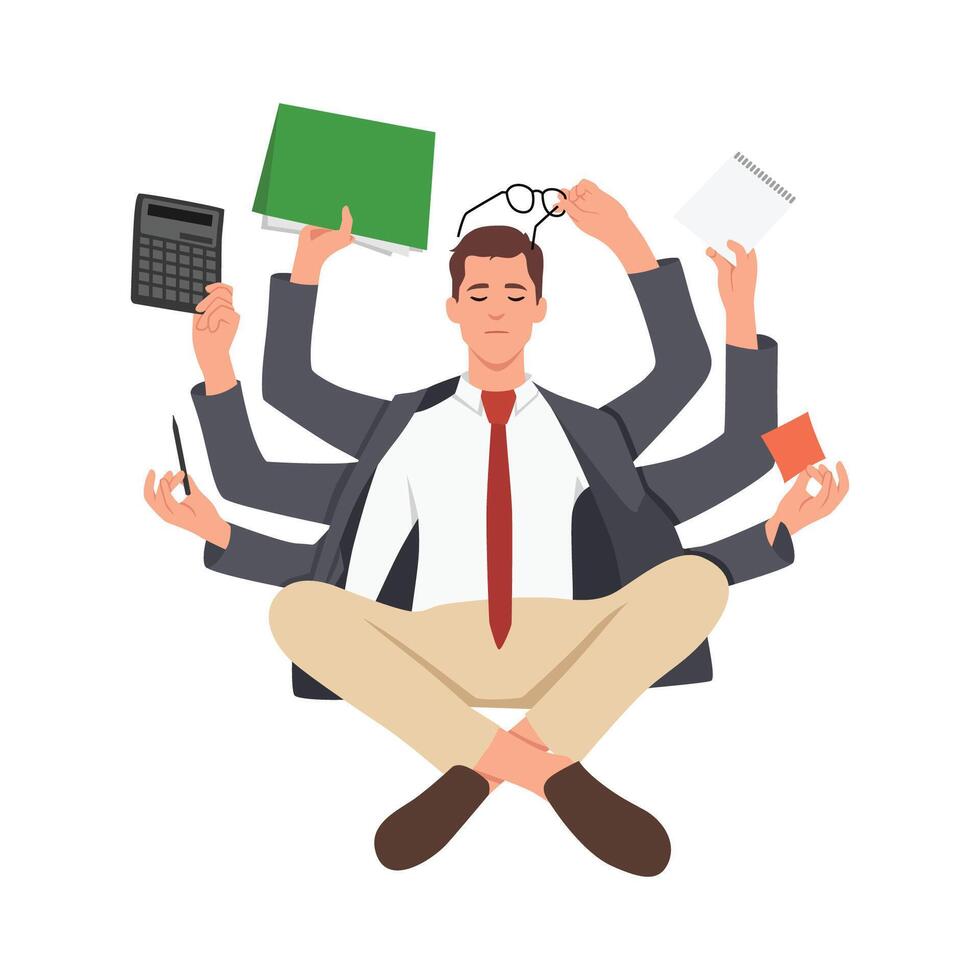 Businessman practicing mindfulness meditation multitasking. vector