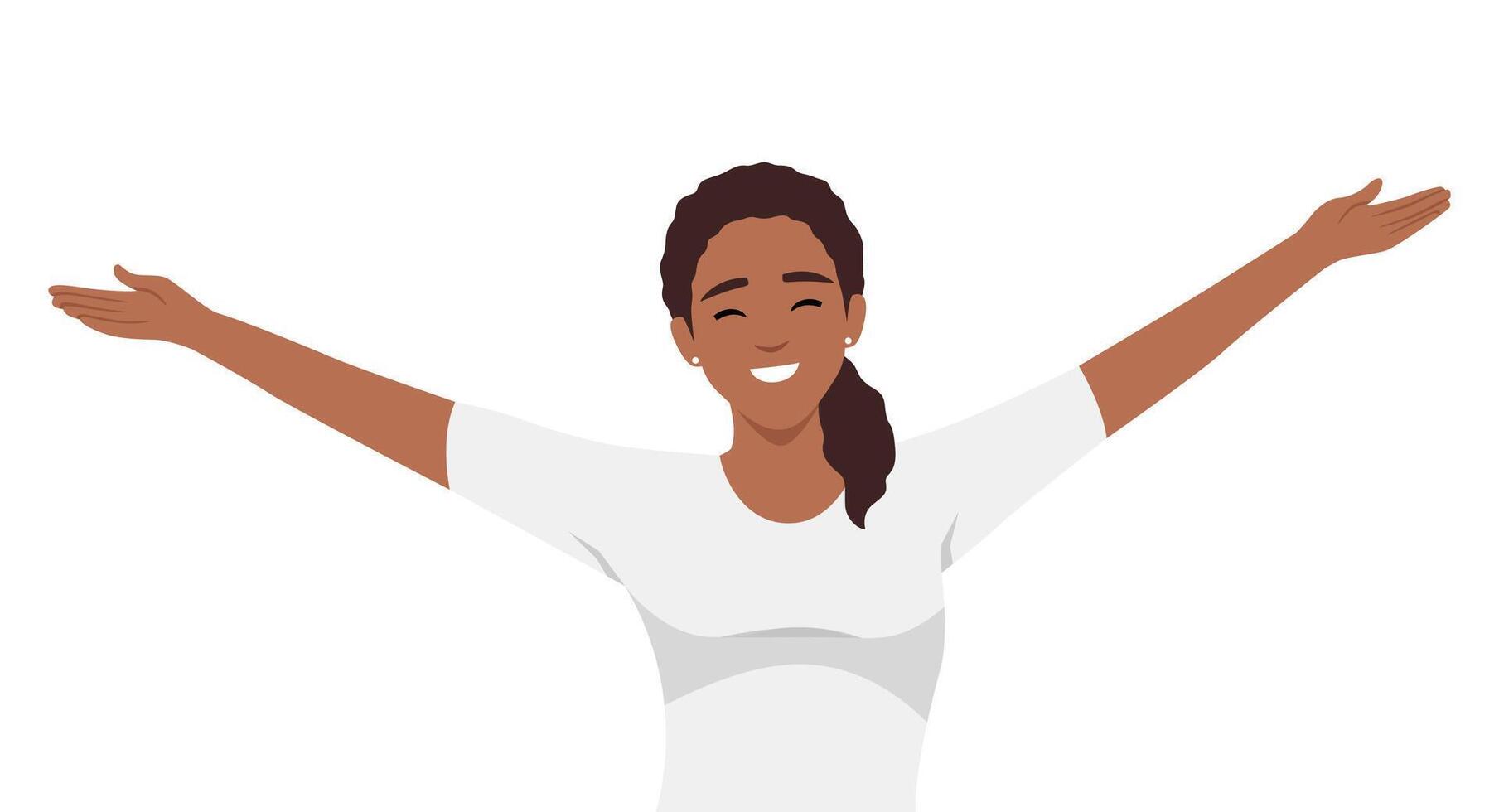 Enjoy banner template with text space. Young woman in casual clothes standing with open arms for hugging vector