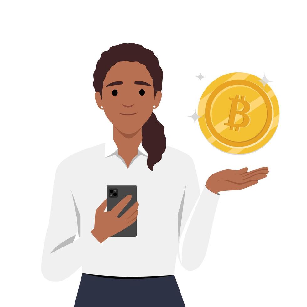 Young business woman holding mobile phone with digital currency vector