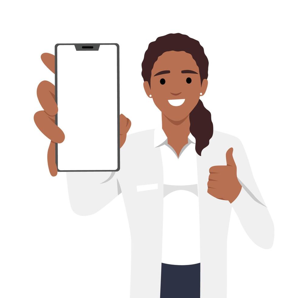 joven médico o enfermero participación y demostración blanco teléfono pantalla y demostración pulgar arriba. digital pago vector
