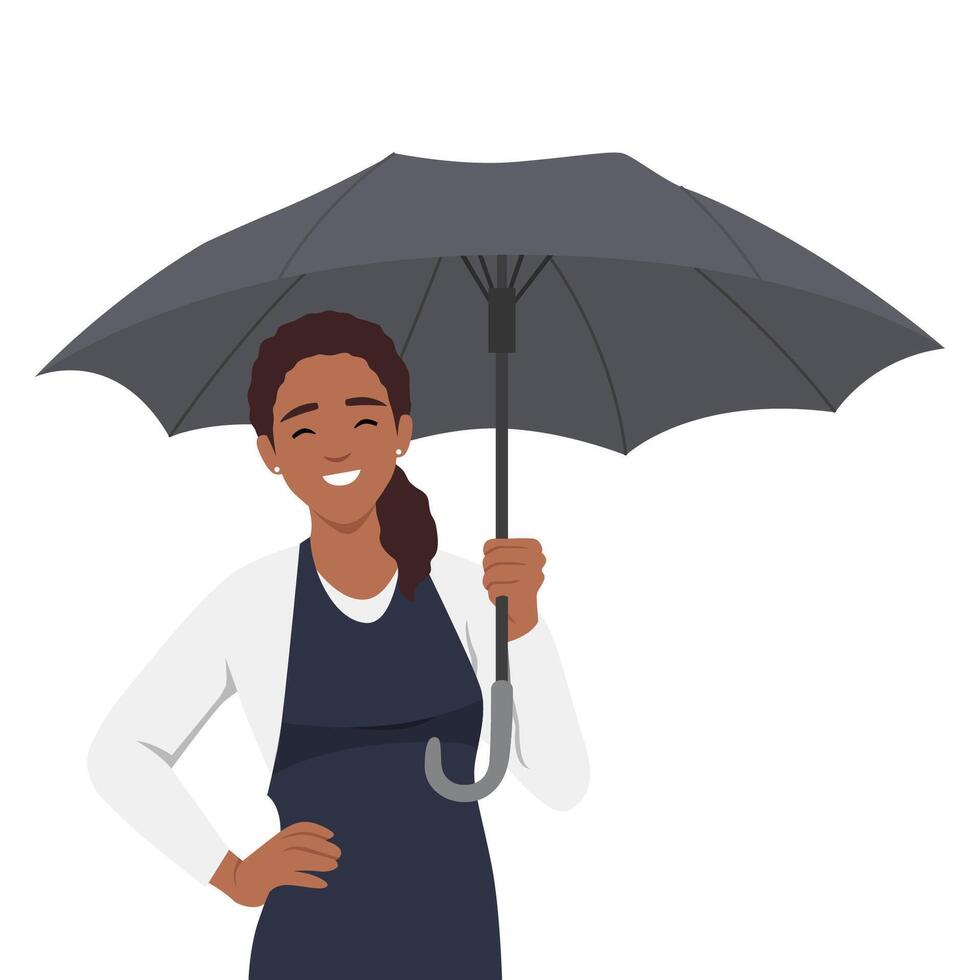 joven mujer sonriente en el lluvia debajo paraguas después trabajo vector