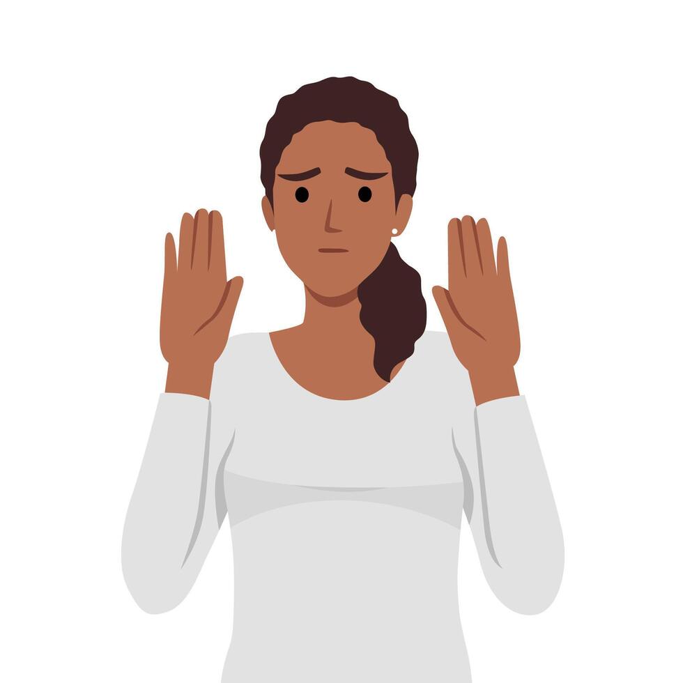 Young female say NO with negative gesture. vector