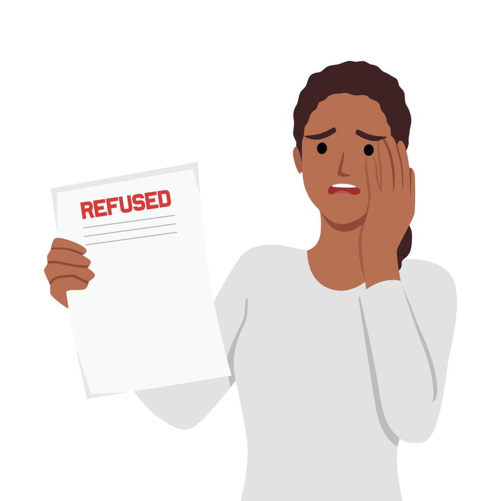 Sad female character near paper CV. Job rejection, bad resume. vector