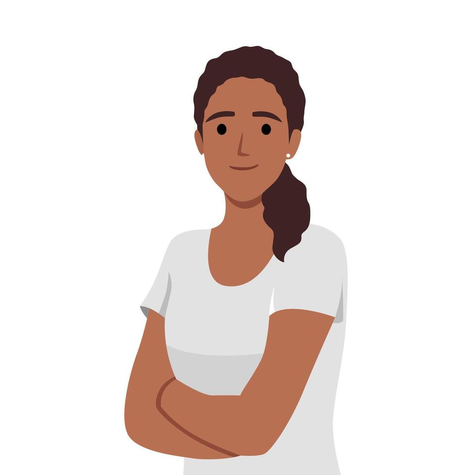 Confident and beautiful young woman in smart casual wear keeping arms crossed and smiling. Woman folded hands. vector