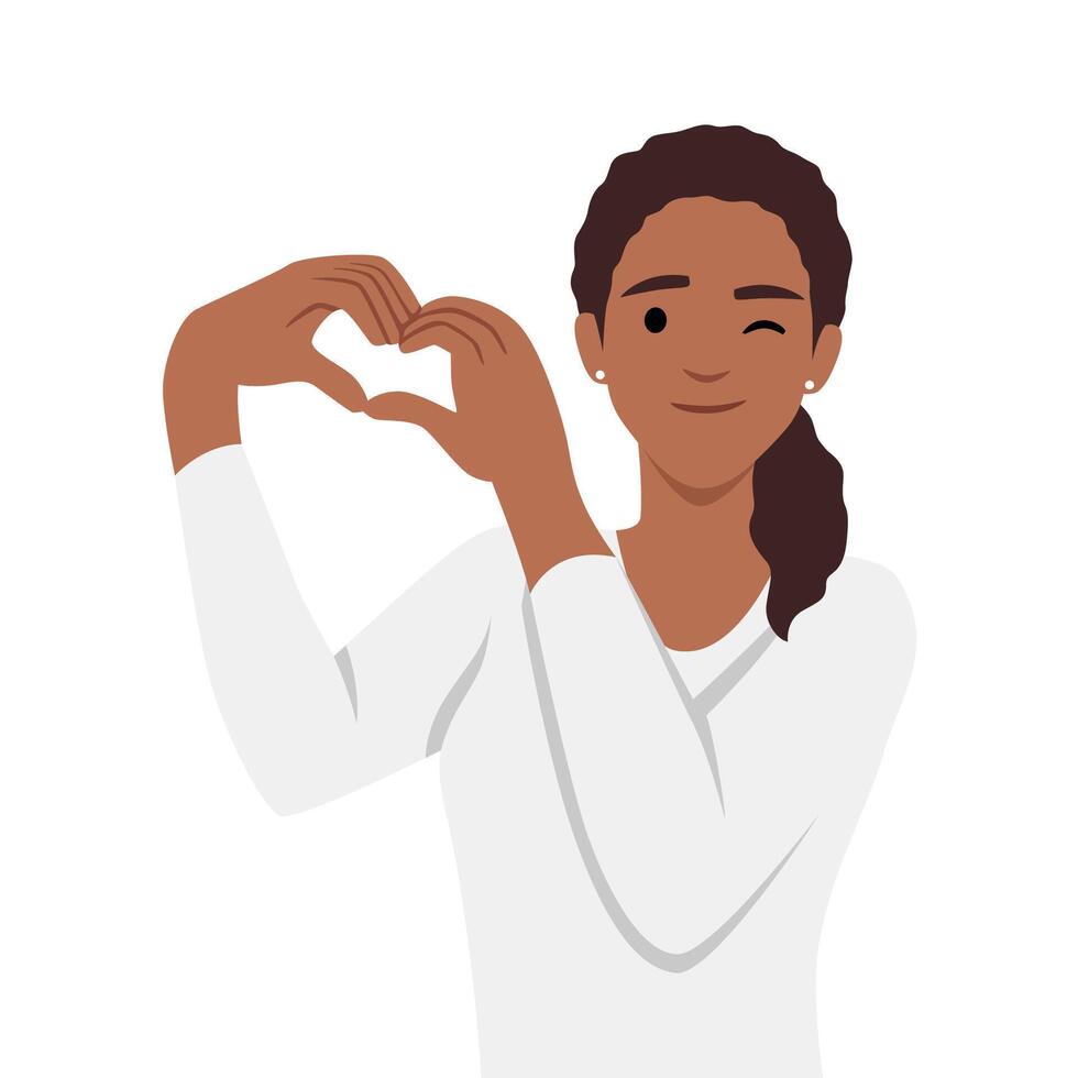 mujer haciendo corazón forma con manos y guiño. vector