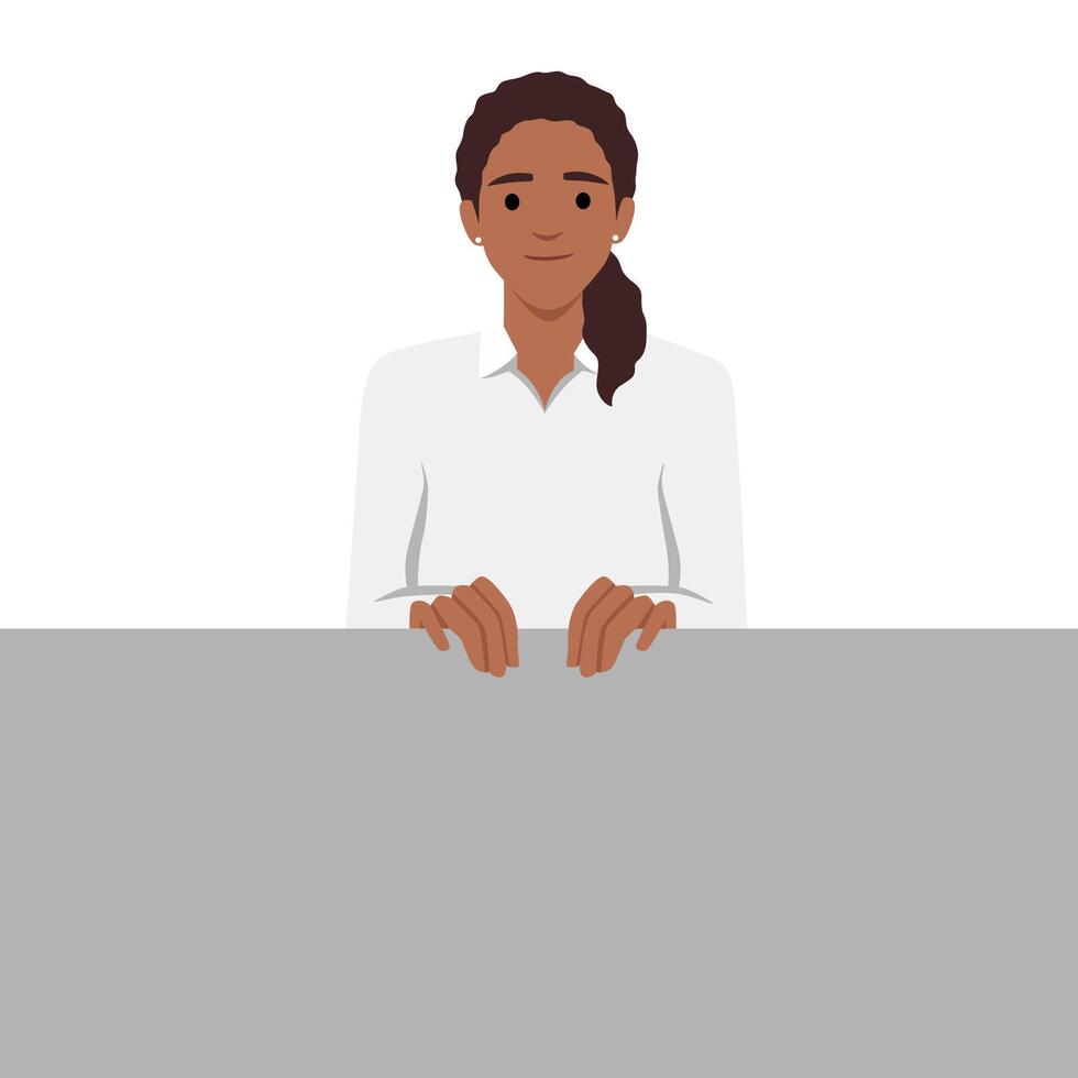 Young beautiful woman smiling and holding a empty sheet of white paper or board. vector