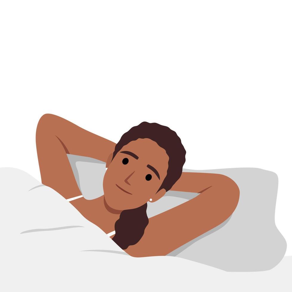 Young woman lying in bed sleeping. Smiling girl relax in bedroom dreaming or napping. Relaxation and comfort vector