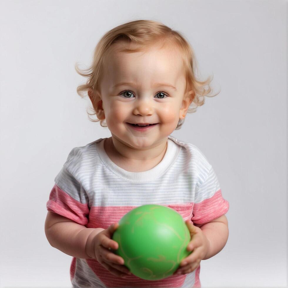 AI generated a baby smiling with a green tennis ball photo