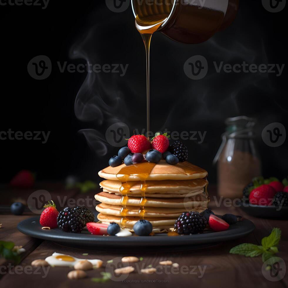 AI generated American pancakes with syrup and berries on a dark background photo
