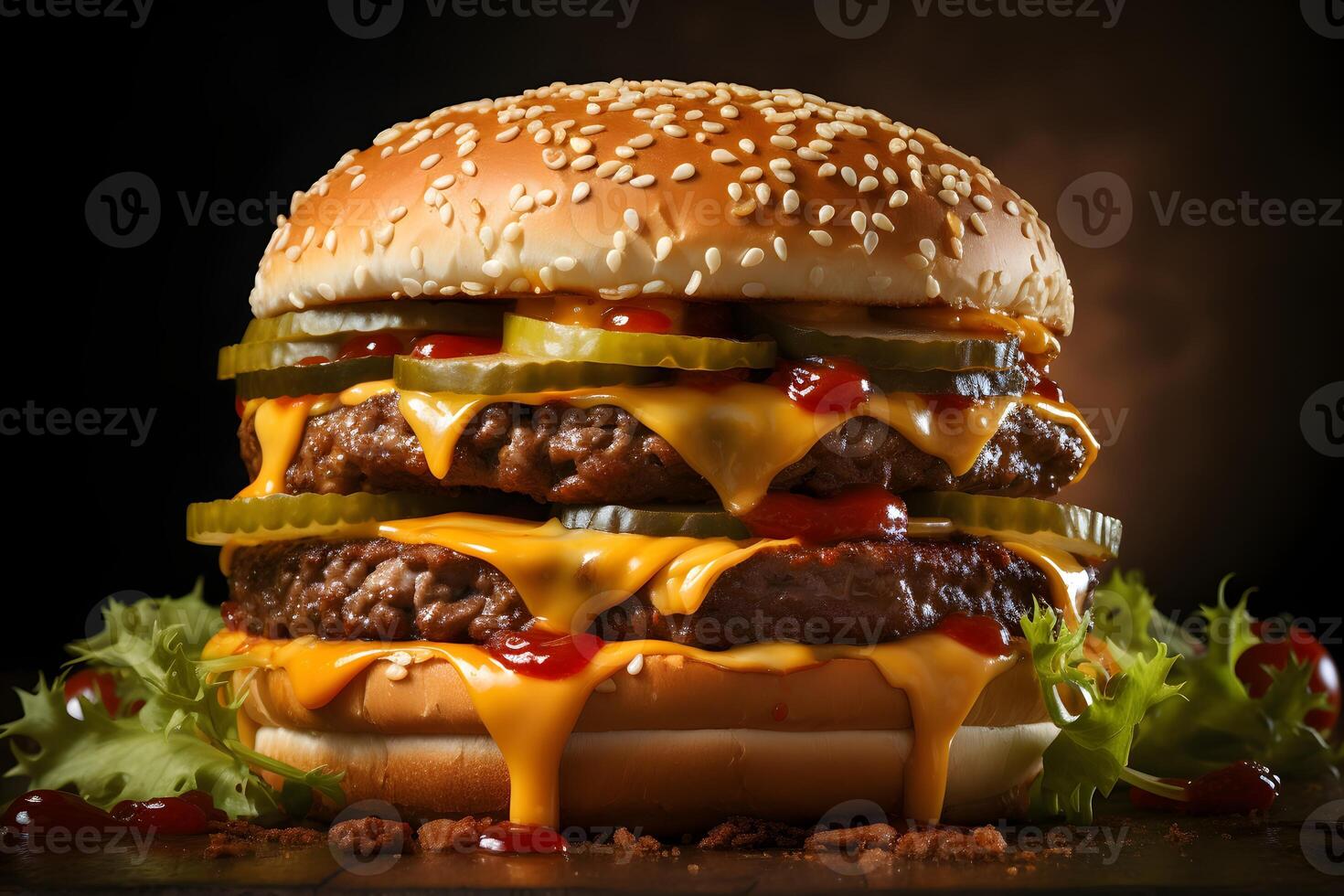 AI generated Burger, hamburger or cheeseburger on a dark background. Concept of American fast food. photo