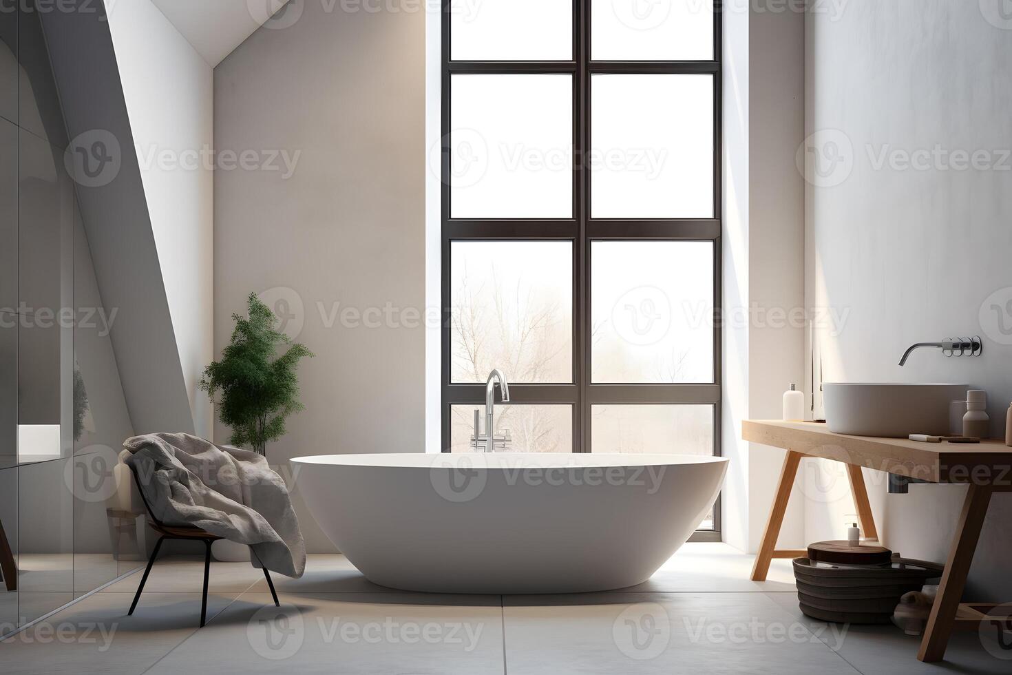 AI generated Scandinavian bathroom interior in light colors with a ceramic sink, mirror and large bathtub, with a large window. House apartment design in a minimalist style photo