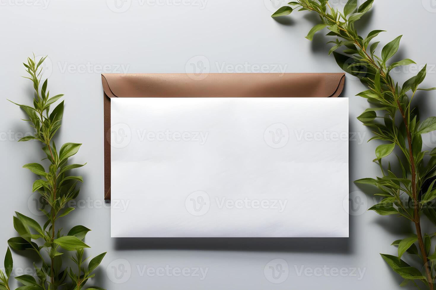 AI generated Blank white card with kraft brown paper envelope template mockup isolated on white background, top view photo