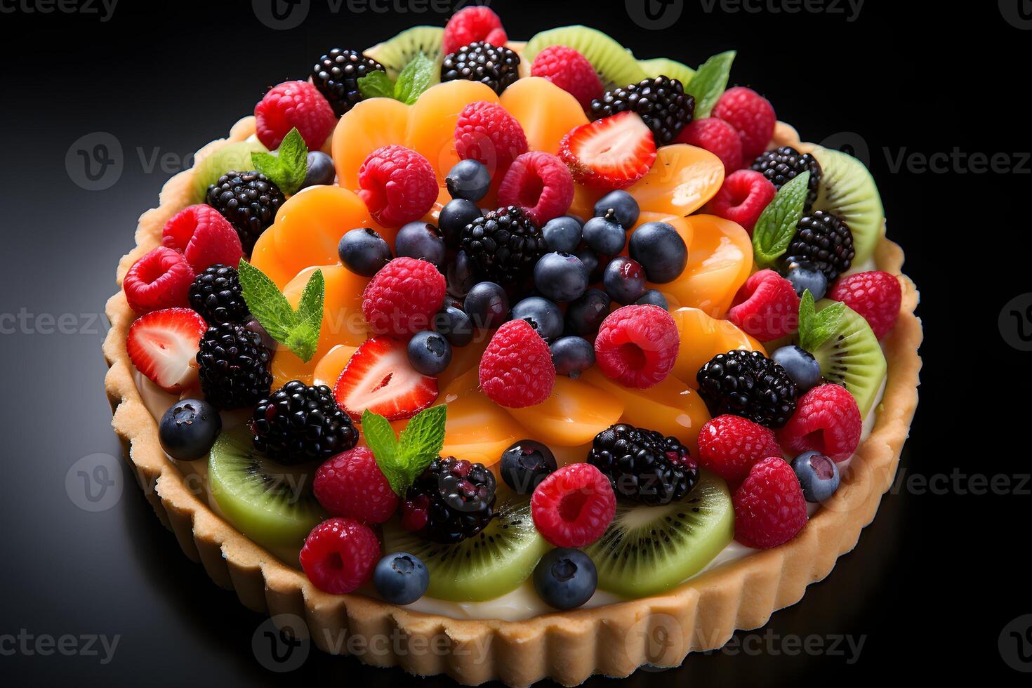 AI generated Sweet tart with Berries and fruits on a dark background. photo