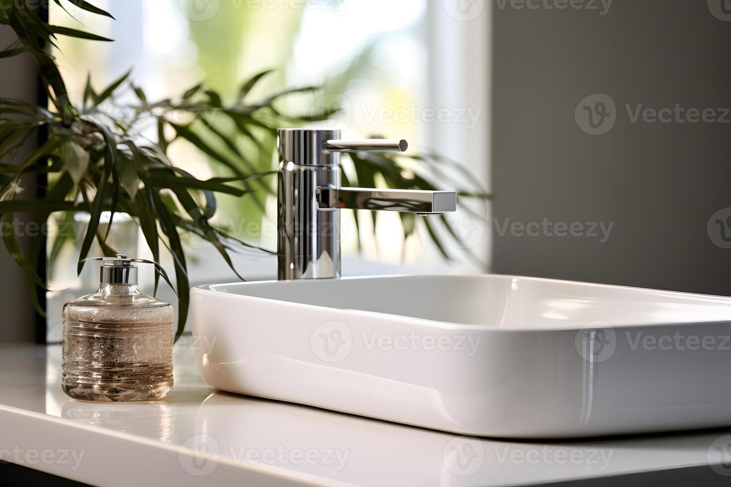 AI generated Minimalist bathroom interior in light colors with marble vessel   Sink. House apartment design in a modern style photo