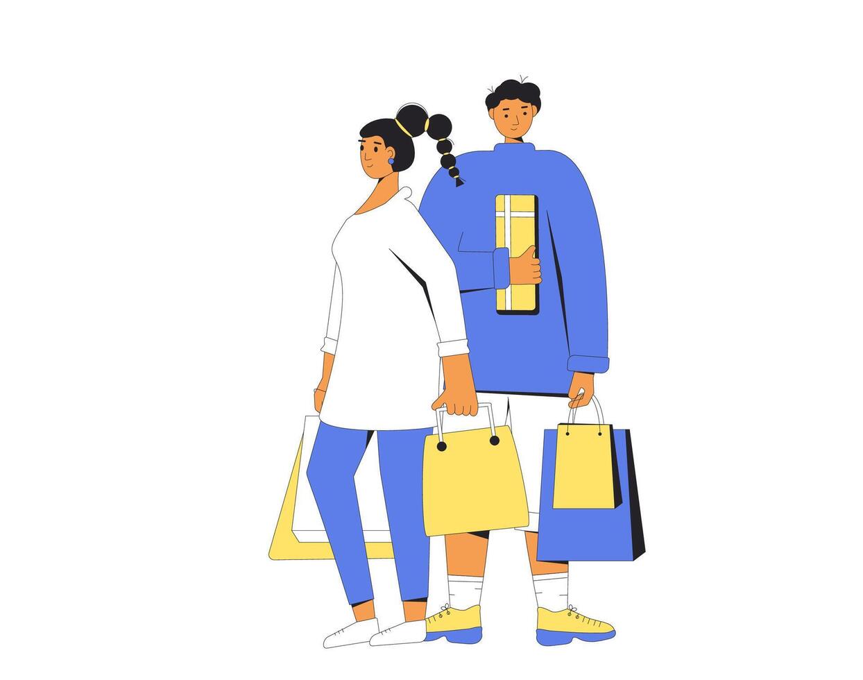 Two young characters with shopping bags. Man and woman standing together and holding their purchases. vector