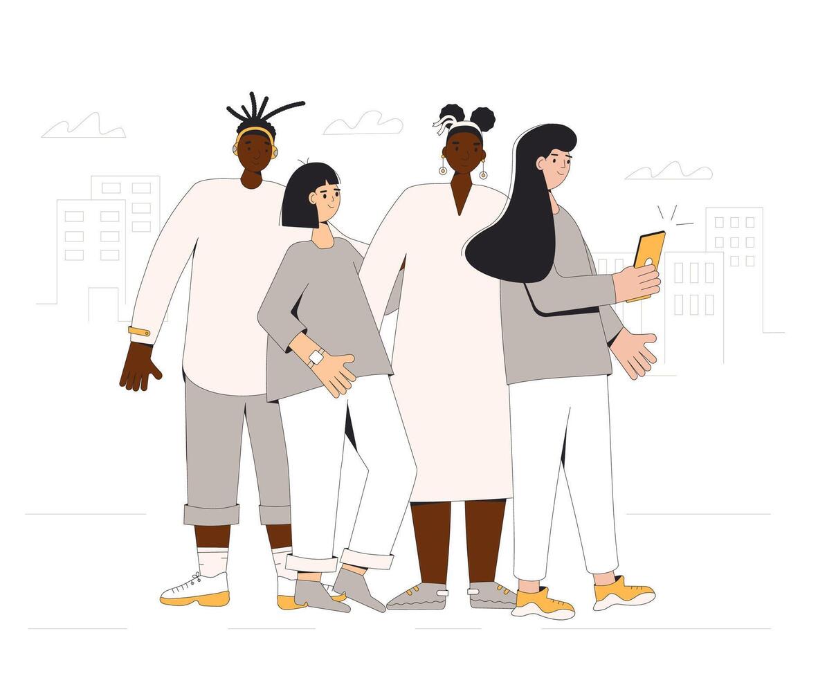 grupo de diverso adolescentes en pie juntos y tomando selfie foto en teléfono inteligente joven amigos vistiendo en casual ropa. seis muchachas y Niños abrazando cada otro. vector línea ilustración.