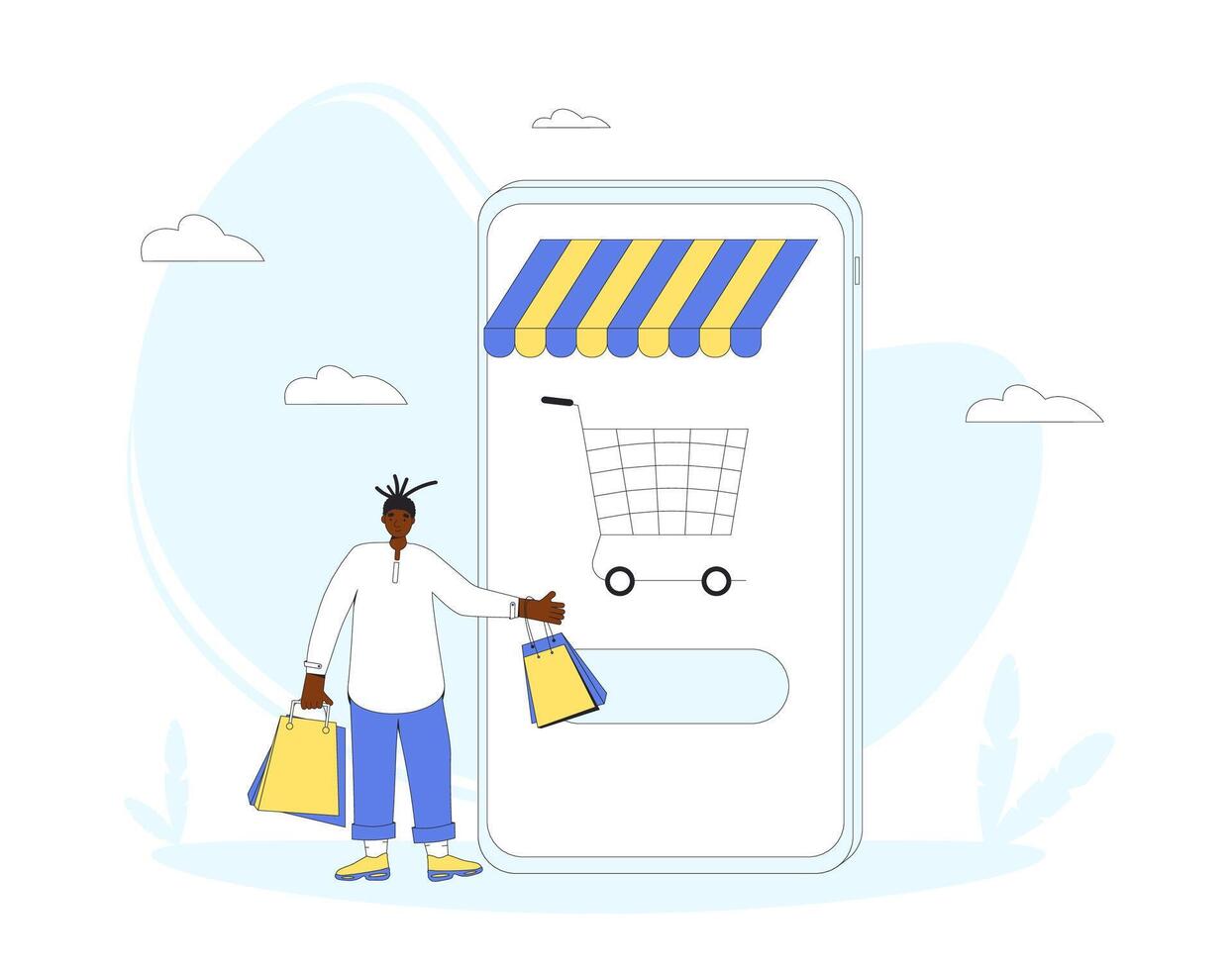 Online shopping. Man with huge smartphone and shopping bags. vector