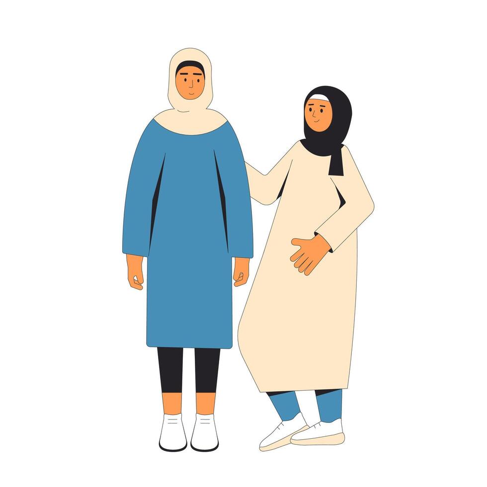 Young muslim women standing together. Female teenagers wearing in hijab and casual clothes hugging each other isolated on a white background. Vector line illustration.