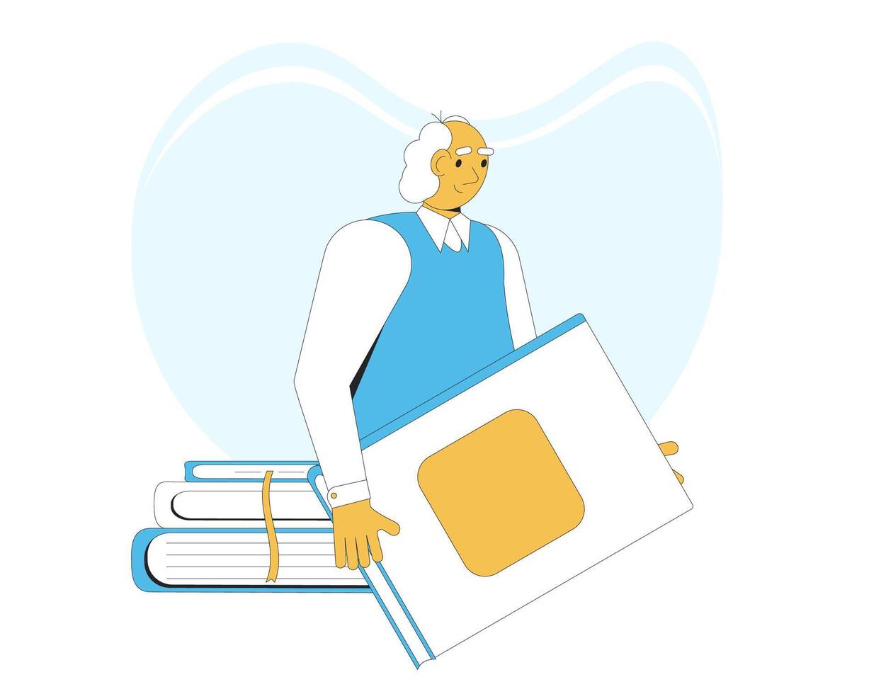 Elderly man with books portrait. Old male person holding a big encyclopedia. Vector illustration