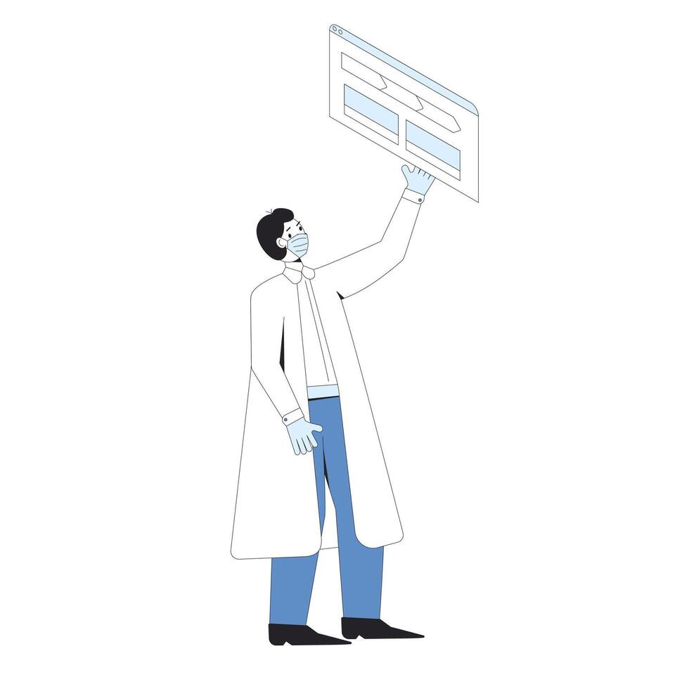 Young scientist. Male character standing with pipeline and thinking about his project isolated on a white background. Researcher reading experiment results. Intern or student. vector