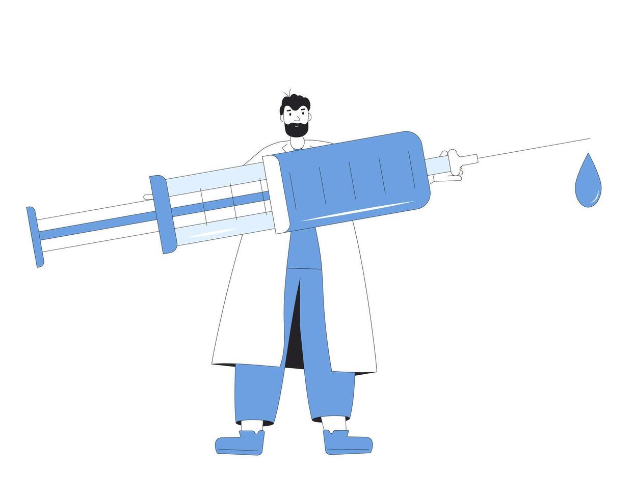 Injection. Doctor with huge syringe isolated on white background. Vector illustration.