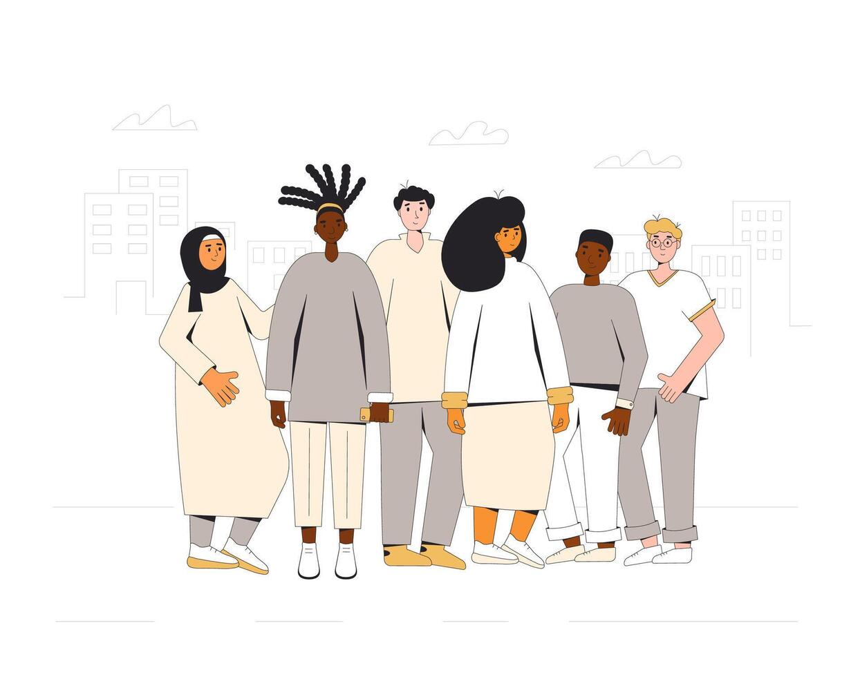 Group of diverse teenagers standing together. Young female and male friends wearing in casual clothes. Boys and girls hugging each other. Vector line illustration.