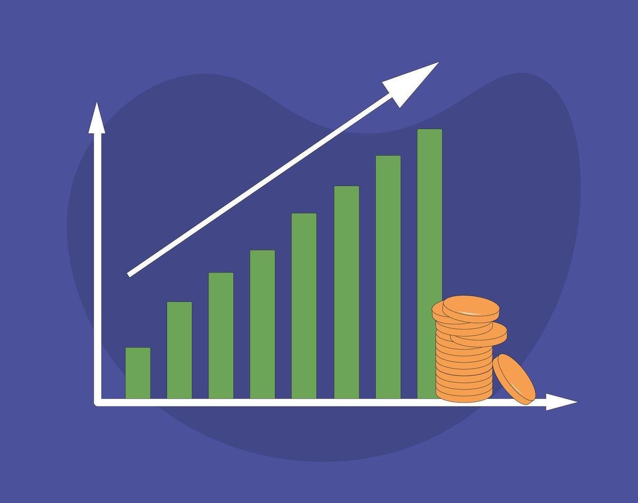 inversión concepto. valores mercado creciente gráfico con monedas pila. negocio crecimiento. vector línea Arte ilustración.