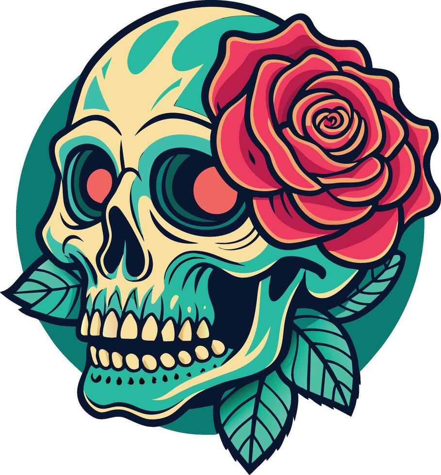 Skull with roses. Vector illustration retro color