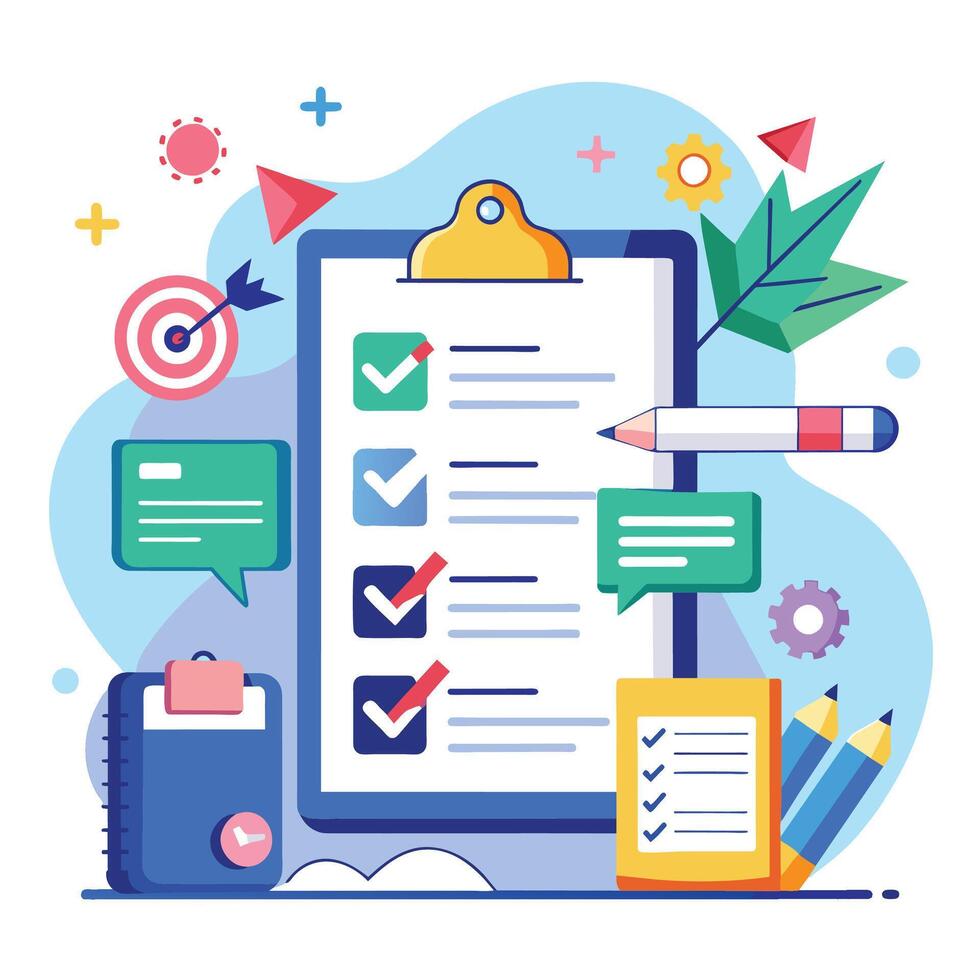 Flat design modern vector illustration concept of online survey, questionnaire form, paper sheet with checklist, pencils and other items.