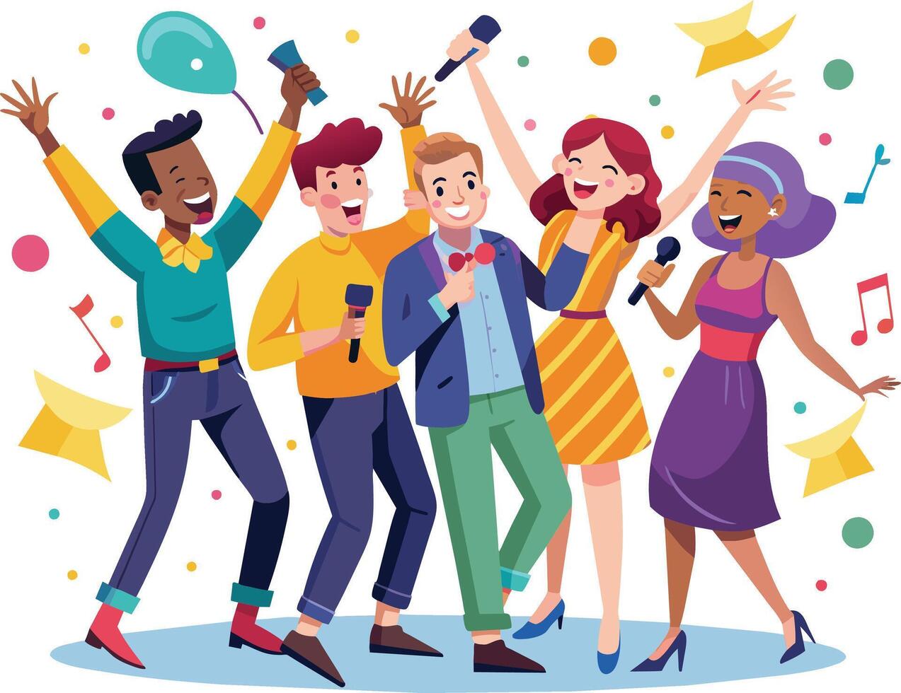 Diverse group of young people singing karaoke together. Men and women singing karaoke vector