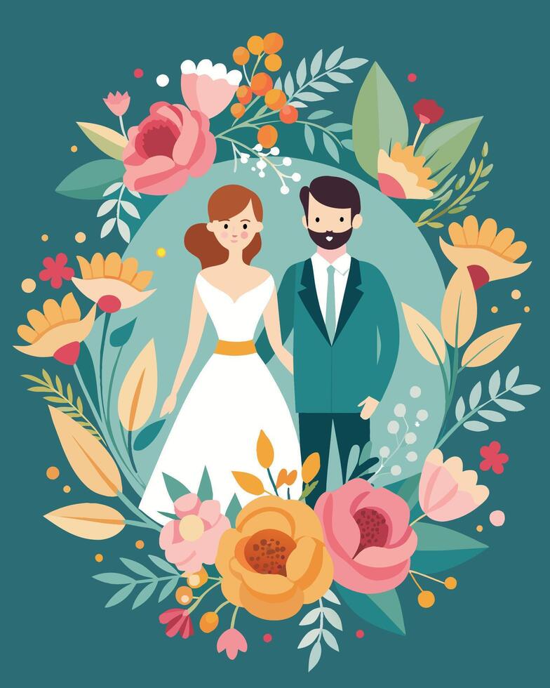 Wedding couple in a floral wreath. illustration vector