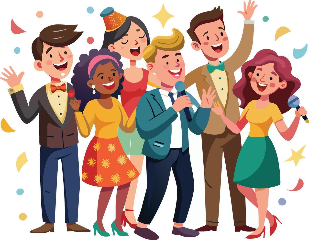 Group of happy people singing karaoke. Cartoon vector illustration.