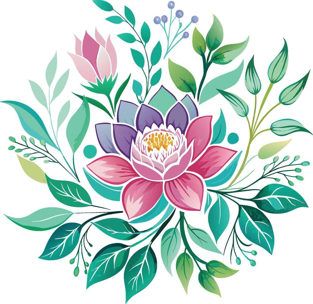 Watercolor Beautiful lotus flower with leaves and branches. Vector illustration.