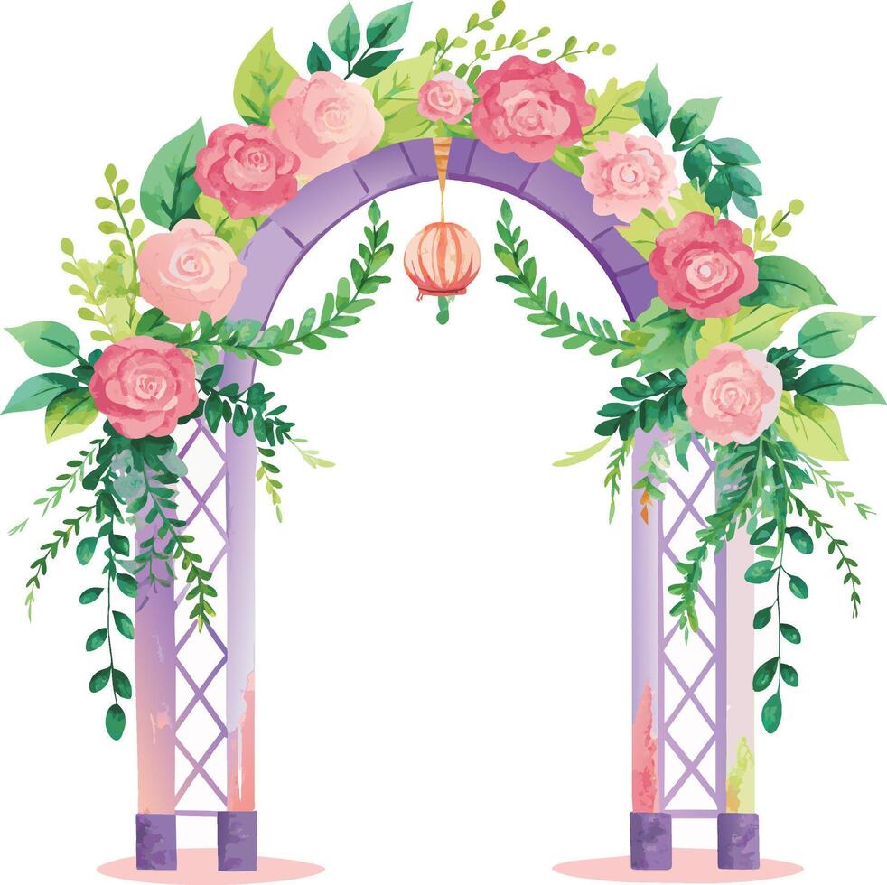 Wedding arch with pink roses and green leaves. Vector illustration.