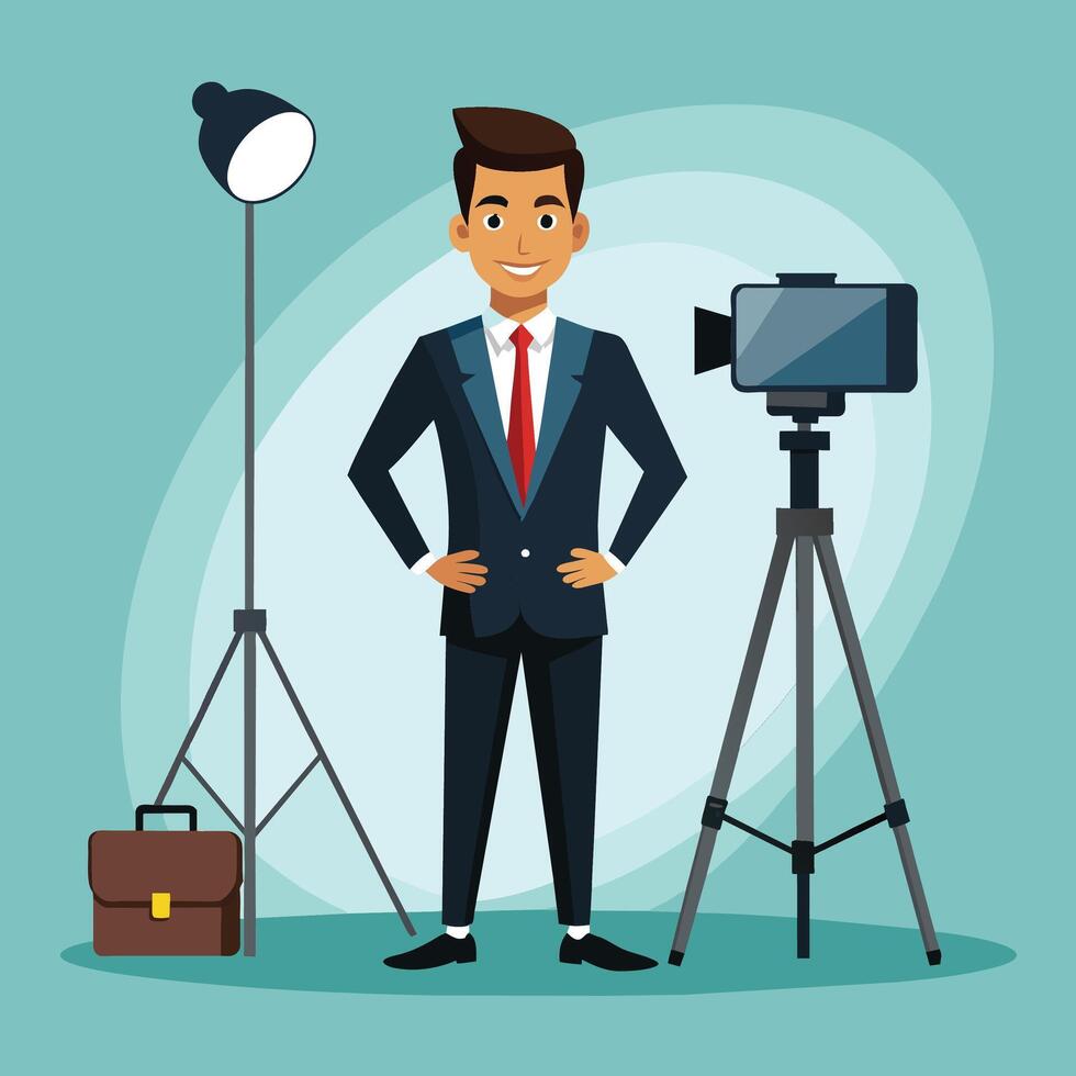Businessman with camera and briefcase over blue background vector illustration graphic design