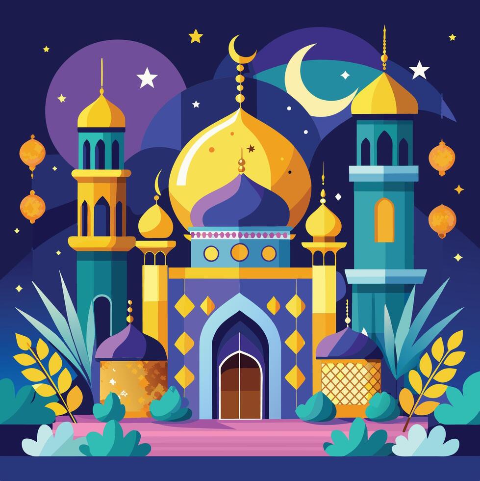 Mosque at night. Ramadan Kareem greeting card. Vector illustration