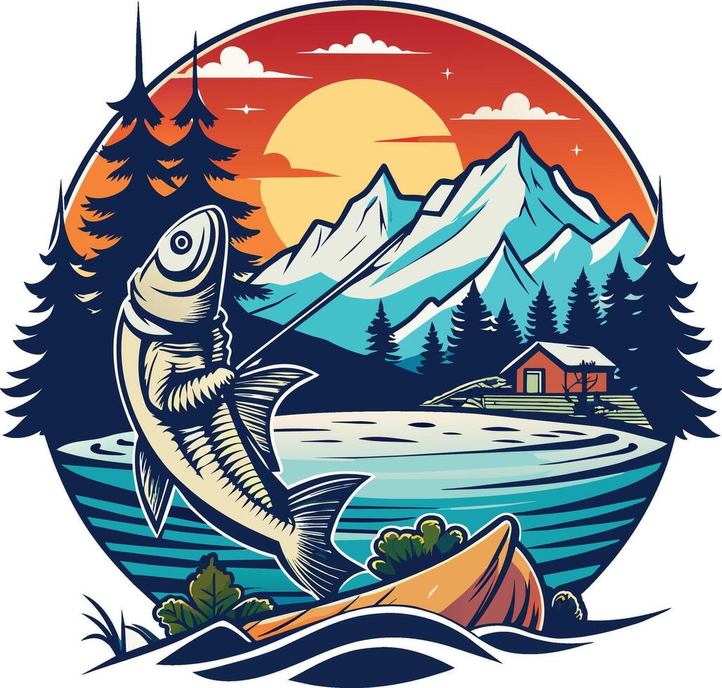 Vector illustration of a salmon fishing on a lake with mountains.