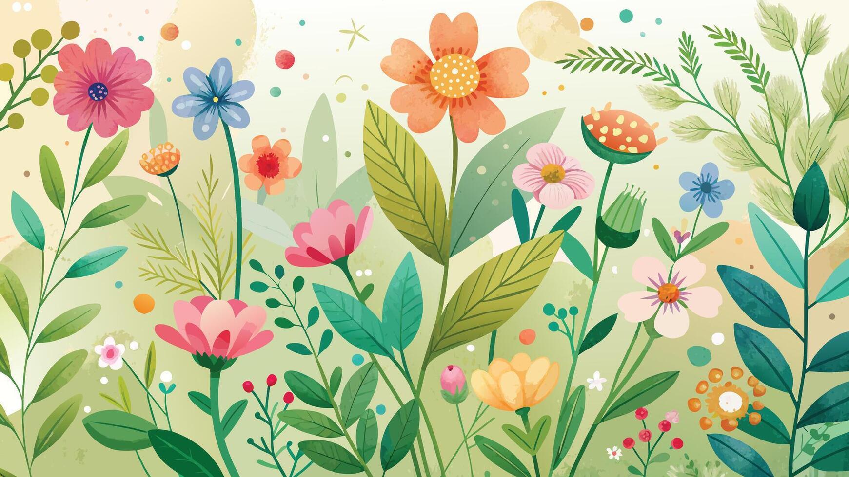 waterolor Floral background with flowers, leaves and plants. Vector