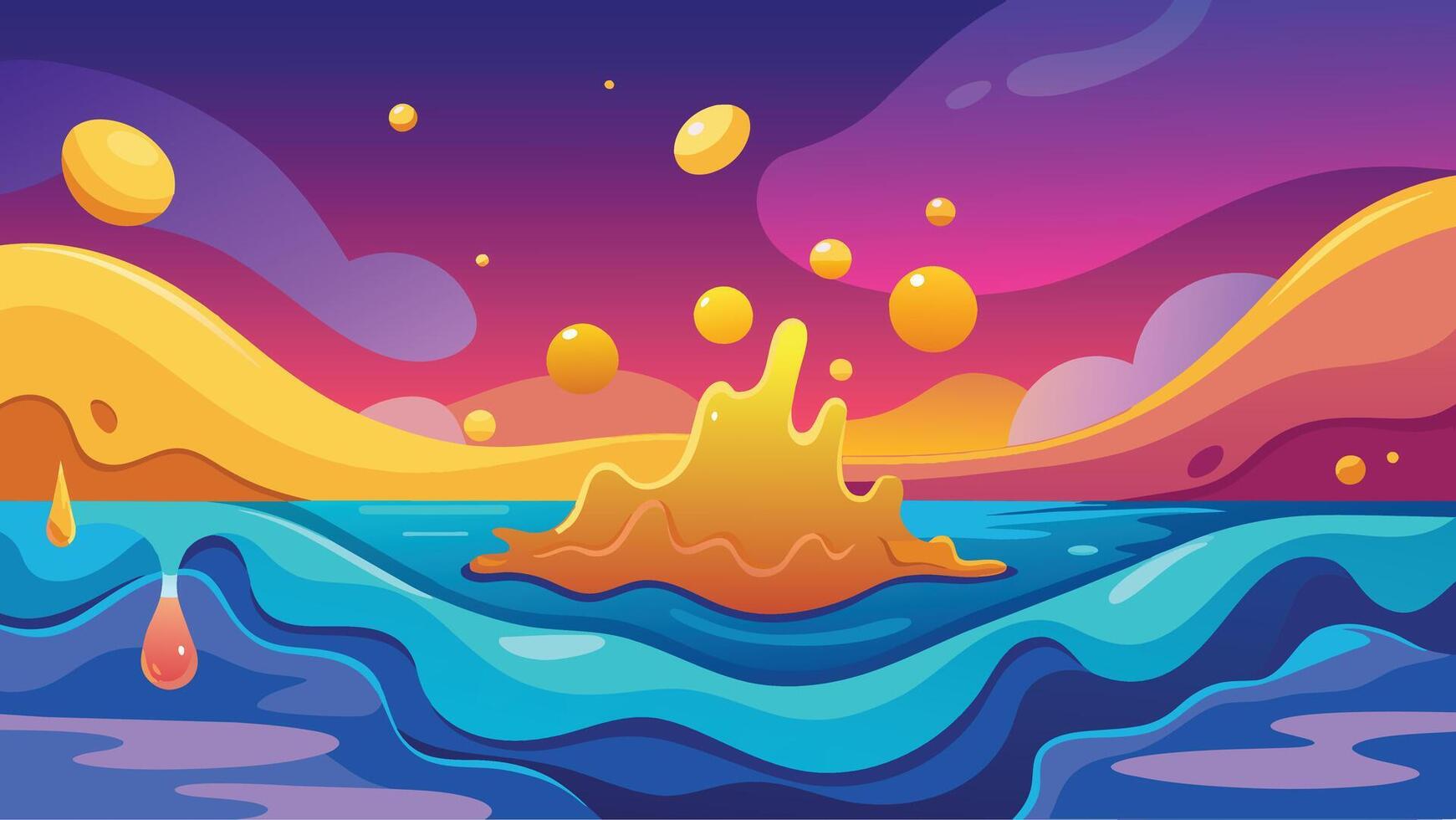 Cartoon landscape with a sea and a volcano. Vector illustration.